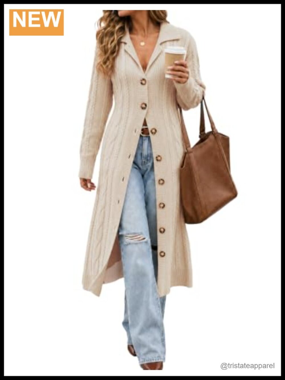 Women's Long Cardigan Sweater Button Midi Cable Knit with Collared Neck